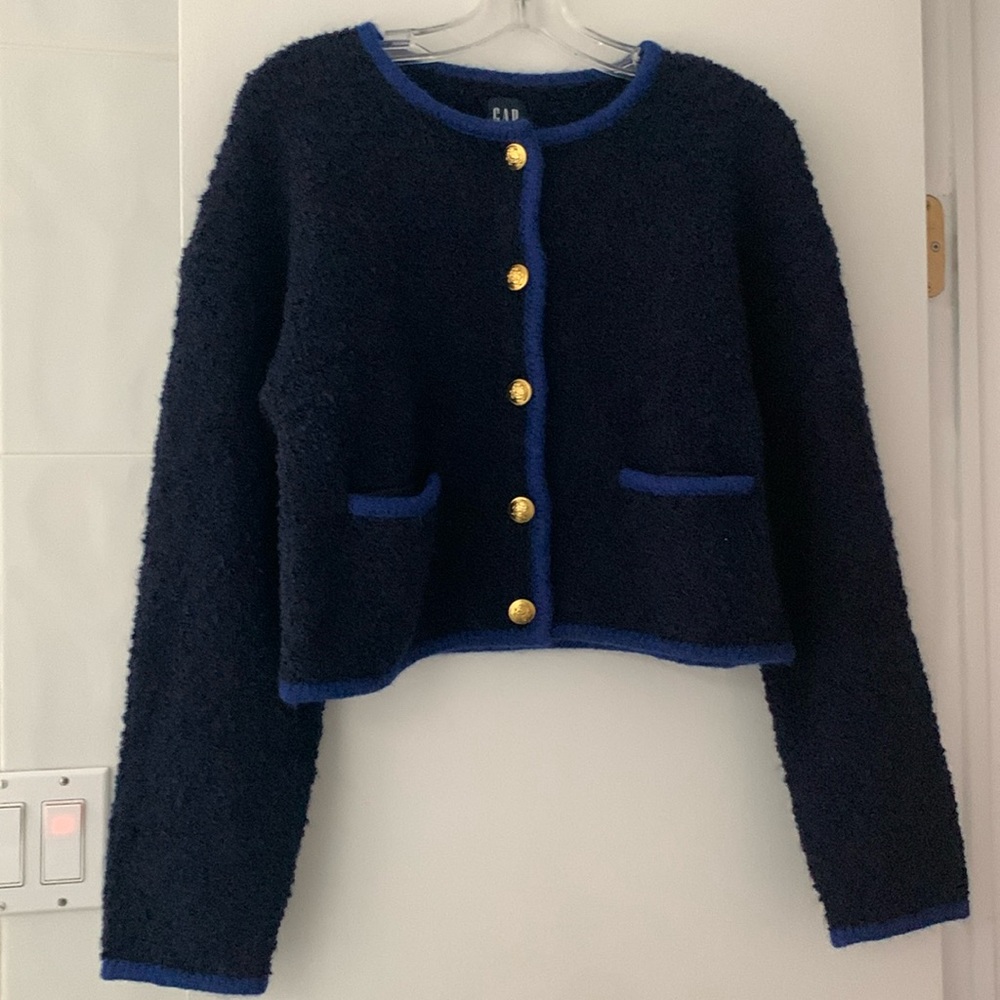 Navy blue button down cardigan with royal blue trimming